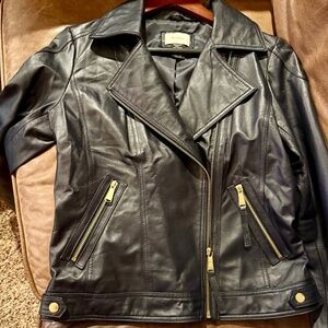 Neiman Marcus Exclusive Navy Genuine Leather Moto Jacket